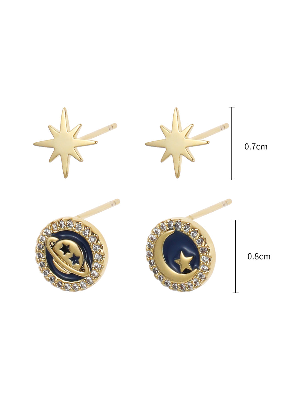 Star Moon 925 Silver Needle Earrings 2 Pairs