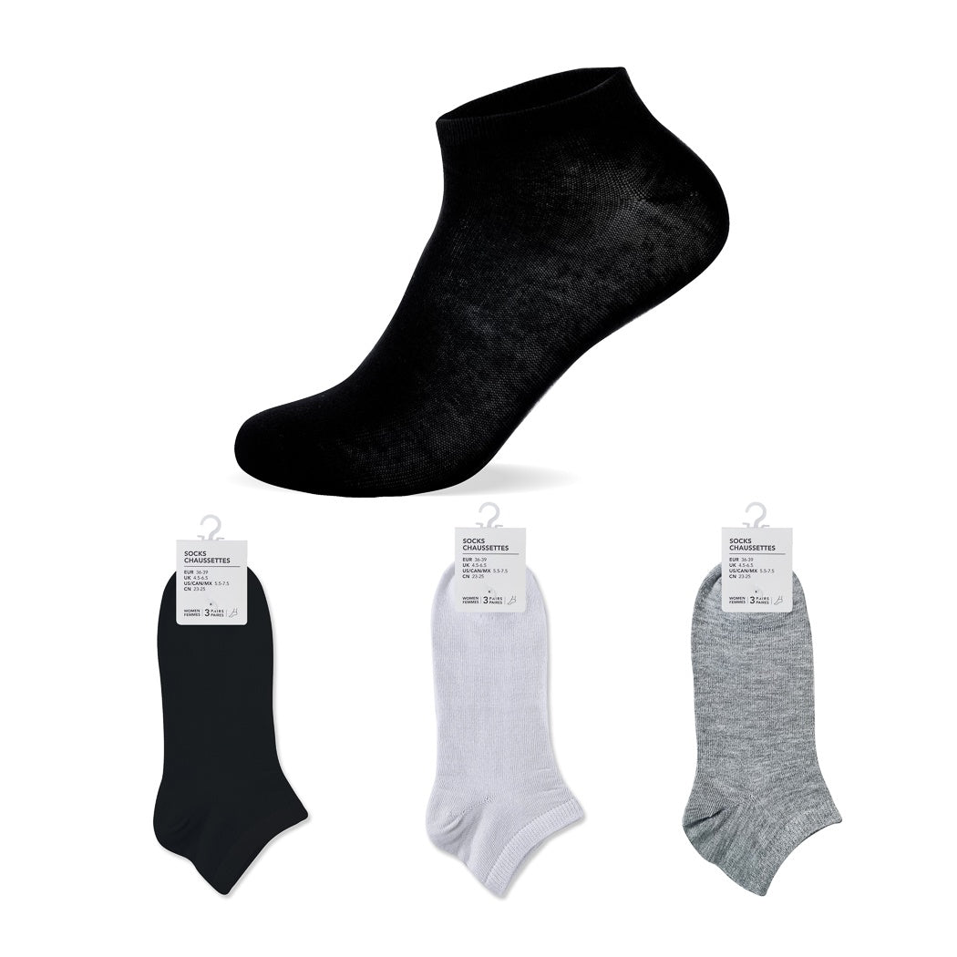 Solid Color Odor Control Women's Ankle Socks 3 Pairs (Basic Colors) (Random Design)