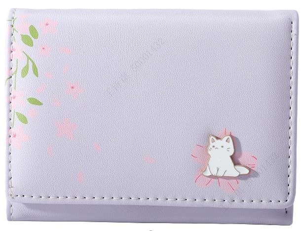 Women's Sakura Cat Tri-fold Short Wallet(Light Purple)