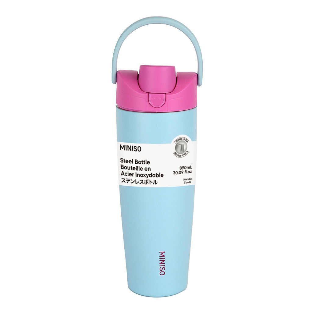 Large Capacity Double-Wall Flip Top Stainless Steel Bottle with Straw 890mL (Light Blue)