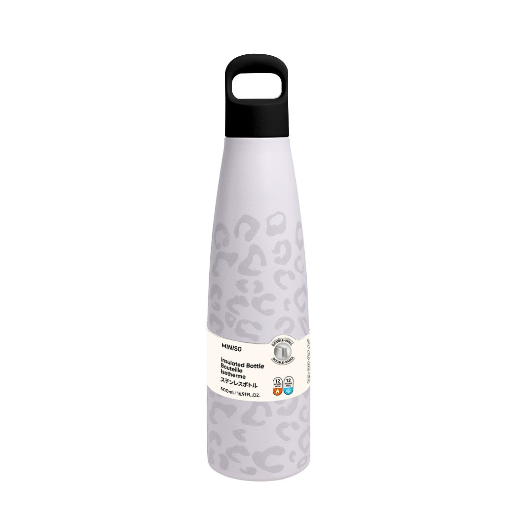 MINISO Colorful Series Double-Wall Insulated Bottle with Handle 500mL (White Leopard Print)