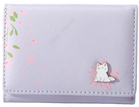Women's Sakura Cat Tri-fold Short Wallet(Light Purple)