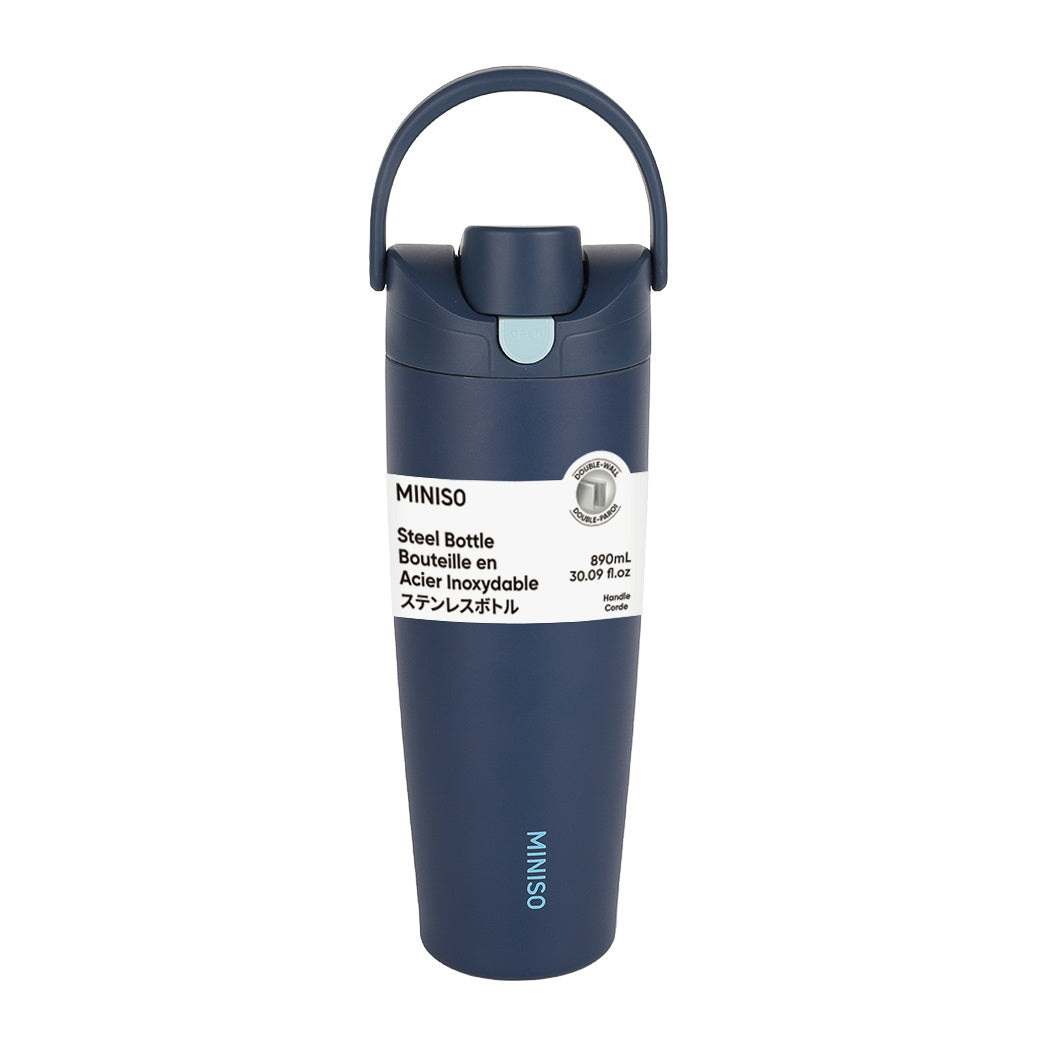 Large Capacity Double-Wall Flip Top Stainless Steel Bottle with Straw 890mL (Deep Blue)