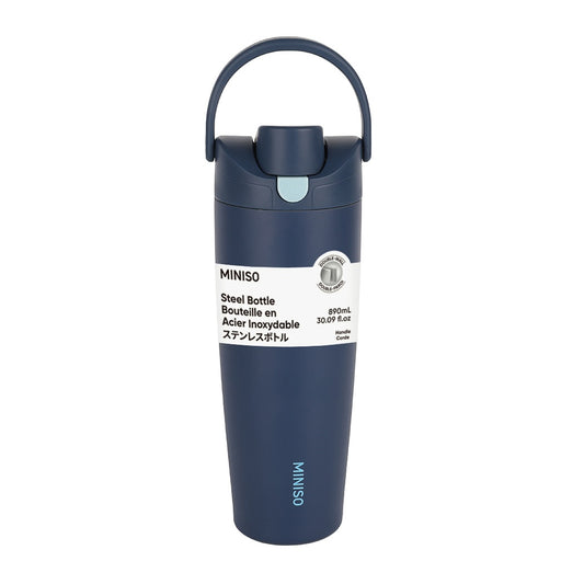 Large Capacity Double-Wall Flip Top Stainless Steel Bottle with Straw 890mL (Deep Blue)