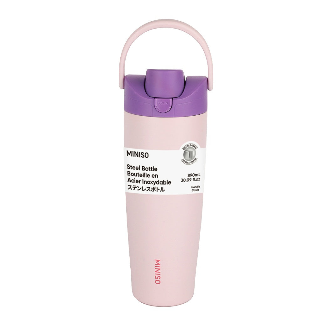 Large Capacity Double-Wall Flip Top Stainless Steel Bottle with Straw 890mL (Pink)