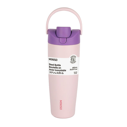 Large Capacity Double-Wall Flip Top Stainless Steel Bottle with Straw 890mL (Pink)