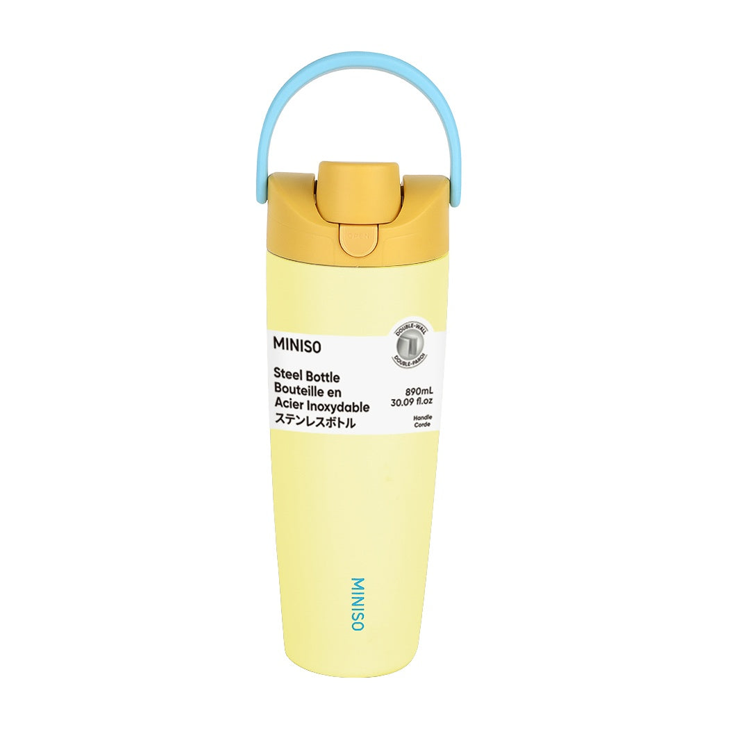 Large Capacity Double-Wall Flip Top Stainless Steel Bottle with Straw 890mL (Yellow)