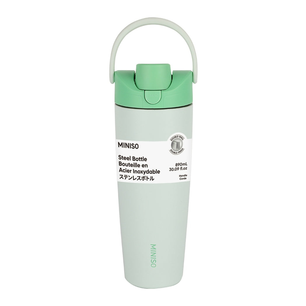 Large Capacity Double-Wall Flip Top Stainless Steel Bottle with Straw 890mL (Light Green)