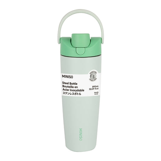Large Capacity Double-Wall Flip Top Stainless Steel Bottle with Straw 890mL (Light Green)