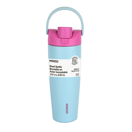 Large Capacity Double-Wall Flip Top Stainless Steel Bottle with Straw 890mL (Light Blue)